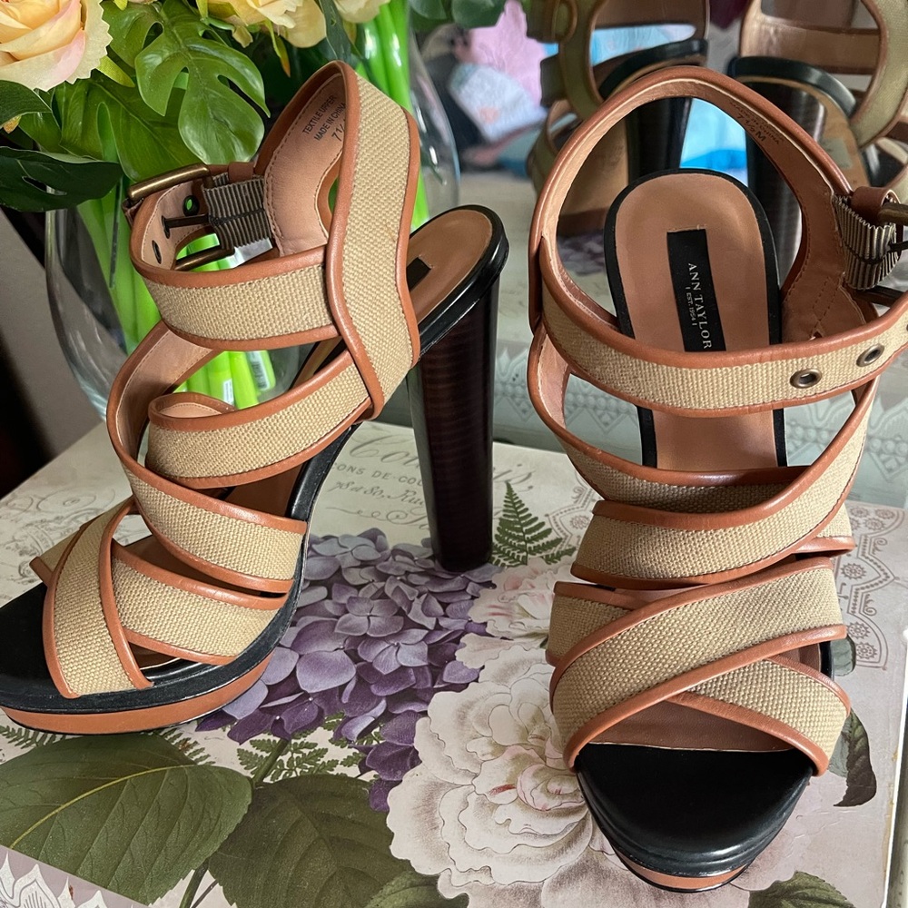 Ann Taylor Tan and Brown Strappy Heels